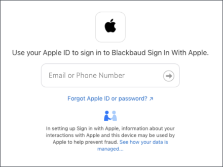 shows screen for Sign in with Apple that asks permission for Blackbaud to use authentication