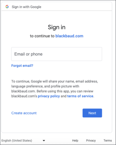 shows screen for Sign in with Google that asks permission for Blackbaud to use authentication