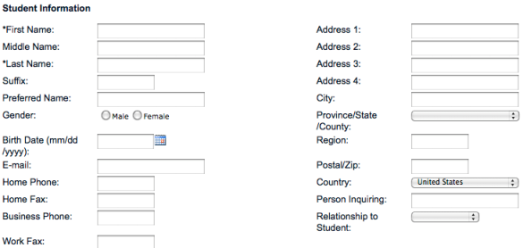 The Student Information screen. Required fields have an asterisk.