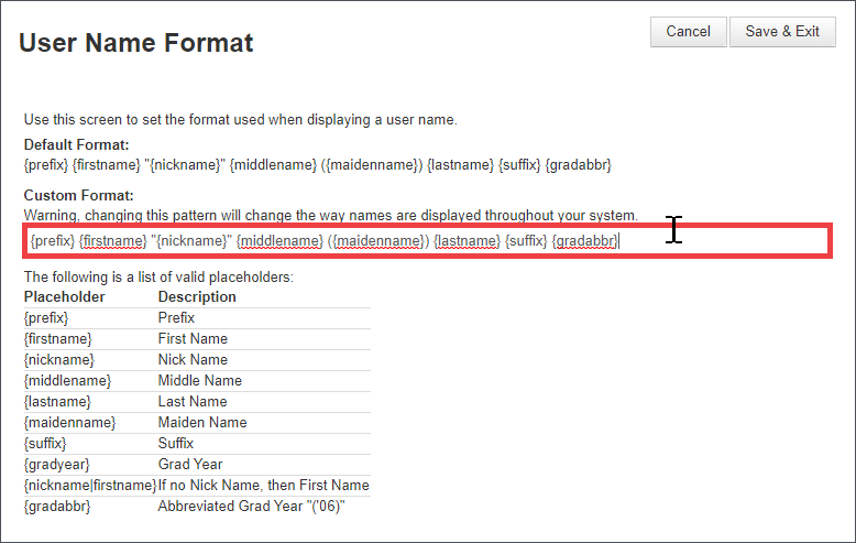 User Name Format page where you can create a custom format. Use the Tab key to access the textbox.