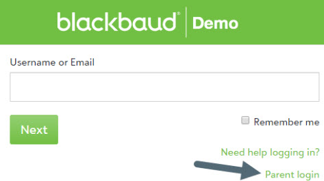 To help parents (and any other users who use redirect URLs to login with SSO for Blackbaud ID), we recommend platform managers add redirect link to the bottom of the school's main sign in page. Configure this link in Core, Security, Authentication settings, Domain settings. Image shows an example of a school login page with a login link for parents who SSO.