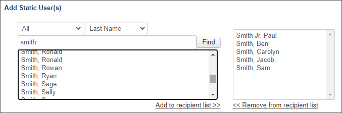 Image shows the bottom of the Create Distribution Groups page. Enter search criteria such as to find users with the last name "Smith" and then select Find. Choose users to add to the group and select Add to recipient list.  To remove users, choose them and then select Remove from recipient list. 