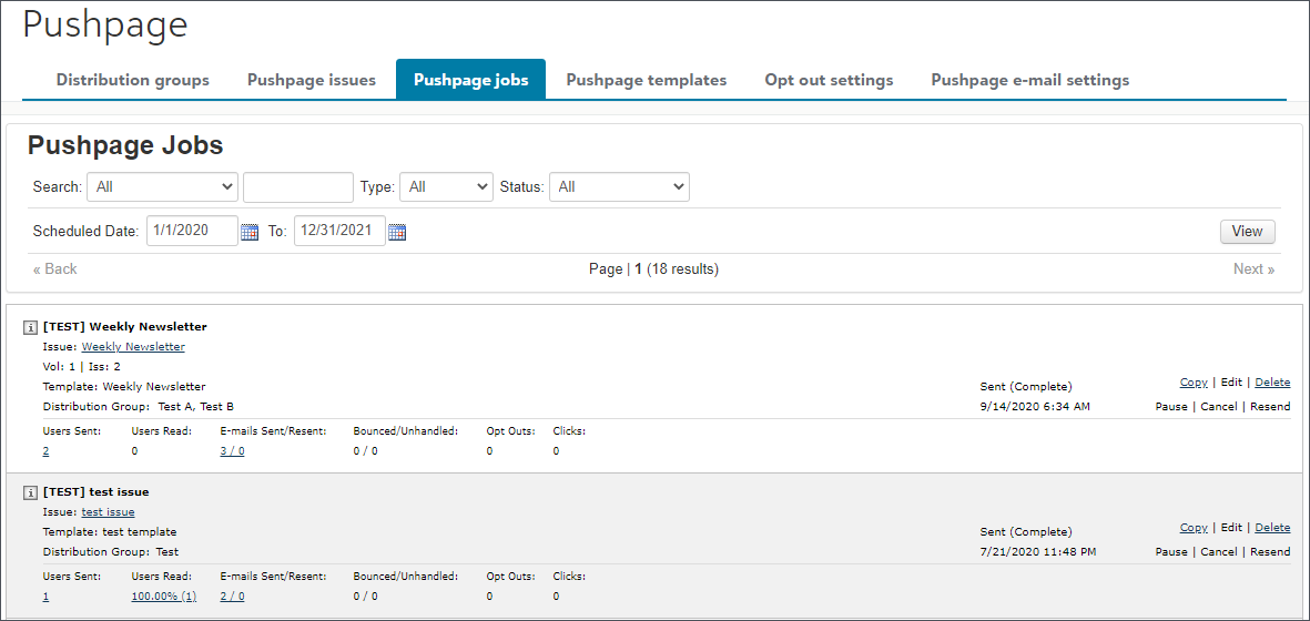 Image shows the Pushpage Jobs page.
