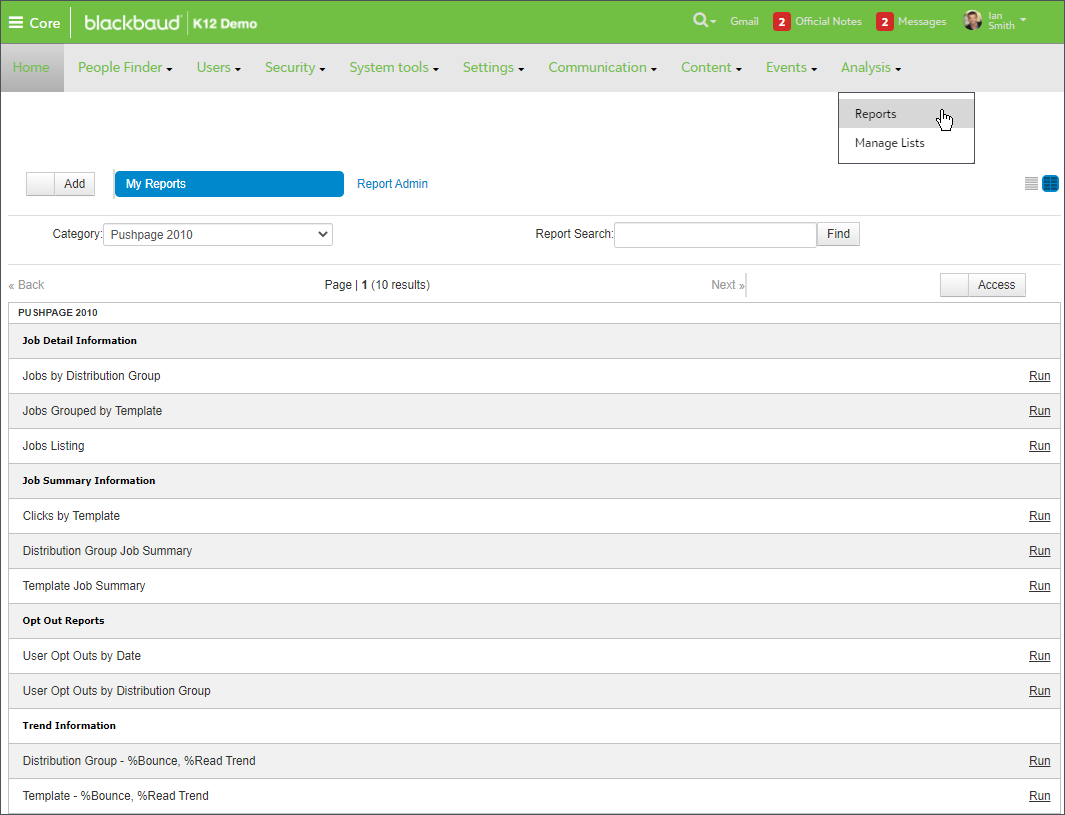 Image shows the Reports page. The Category is set to "Pushpage 2010."
