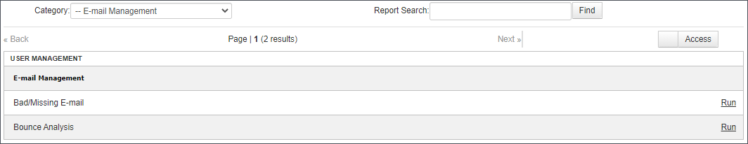 Image shows the reports including in the User Management: Email Management category.