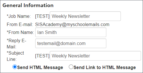 Image shows Send Test Pushpage page. Image is cropped to show the fields related to email subject line, reply email, etc.