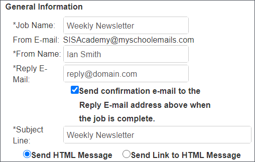 Image shows the bottom of the Send Pushpage screen. The image is cropped to show fields for naming, send/reply email, confirmation emails, and HTML settings