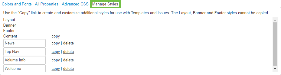 Image shows Manage Styles tab.