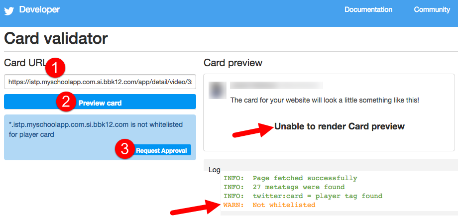 Image shows a screen shot of the Twitter Card Validator and the error that appears when videos aren't yet whitelisted
