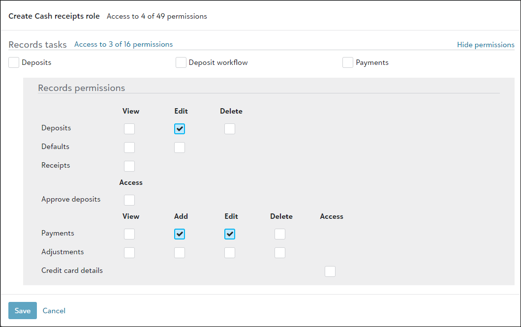 Displays permissions for adding and editing for deposits and Treasury payments.