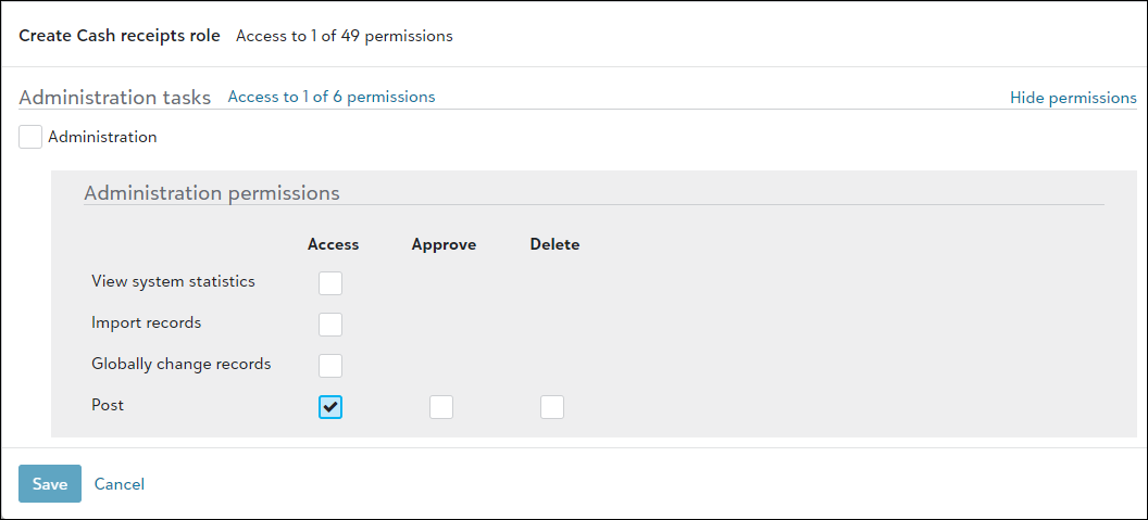 Displays permissions for posting deposits.