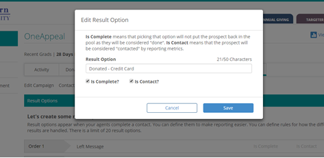 Edit a result option from an agent's phone call to a prospect.