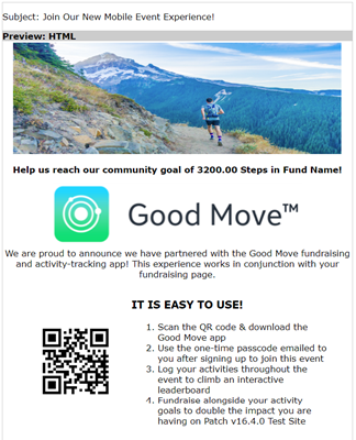 Image of email inviting event registrant to participate in mobile activity tracking with the Good Move app