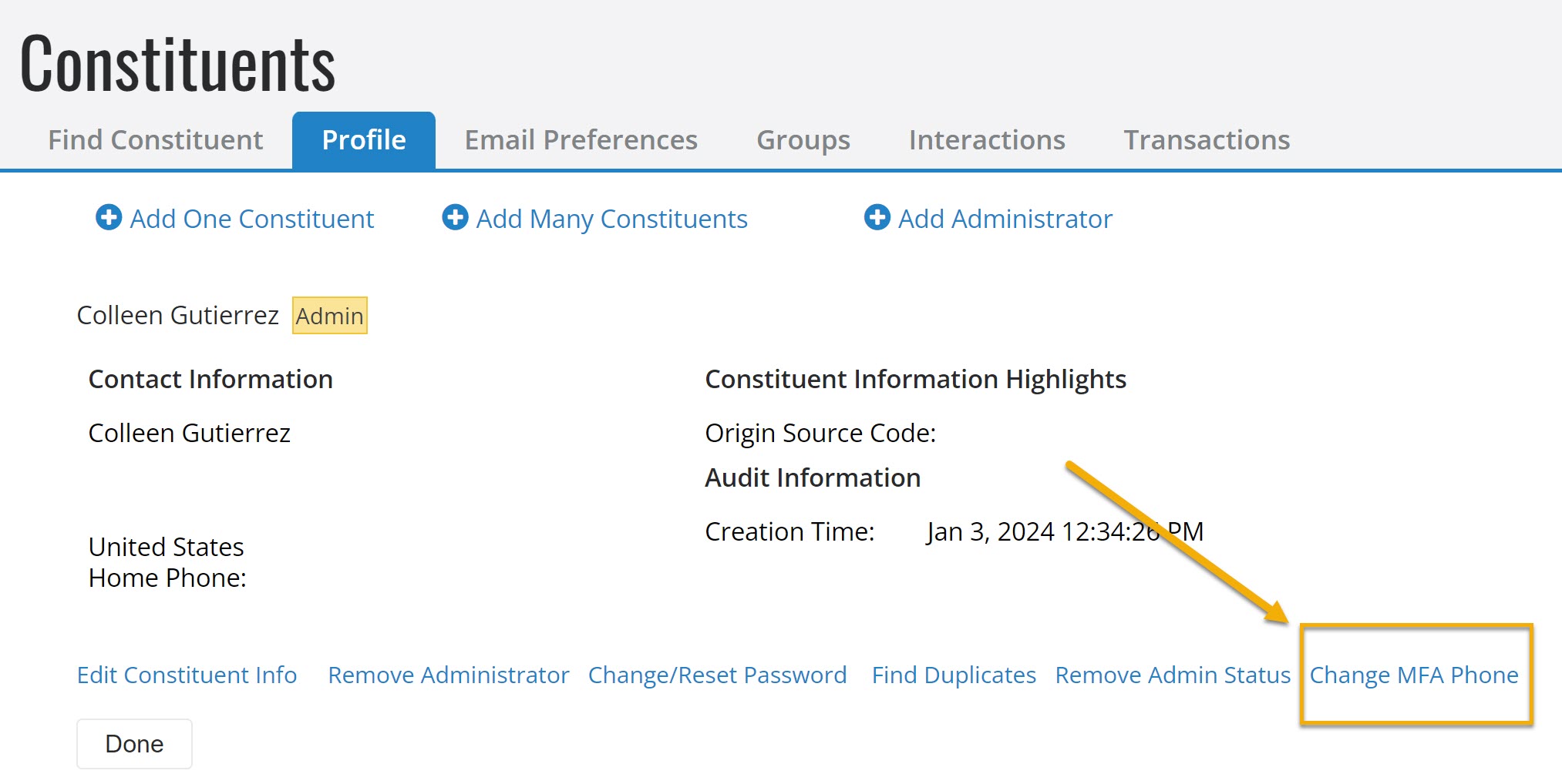 Image of Administrator Profile with a highlighted link for Change MFA Phone