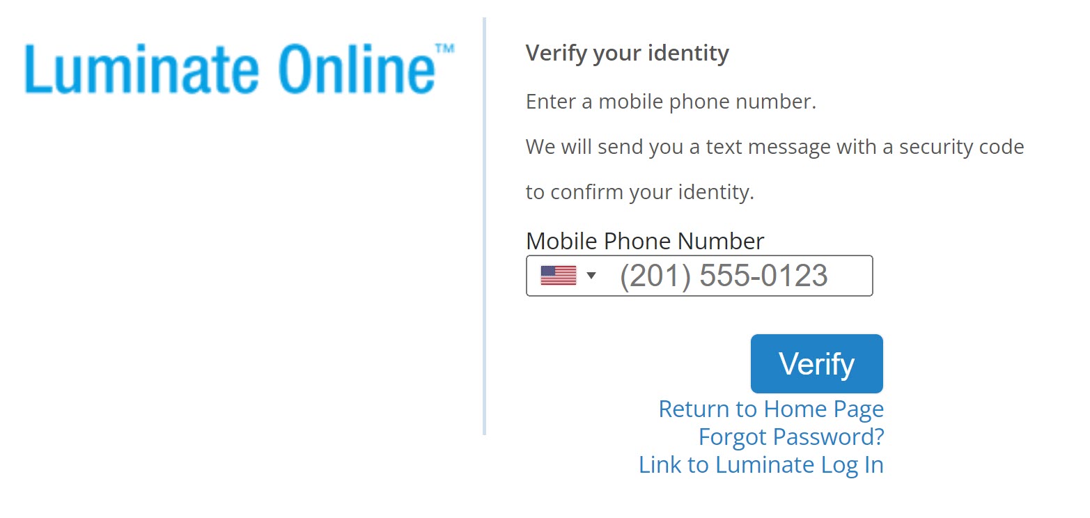 Log In screen of Luminate Online shows a field to enter a mobile phone number