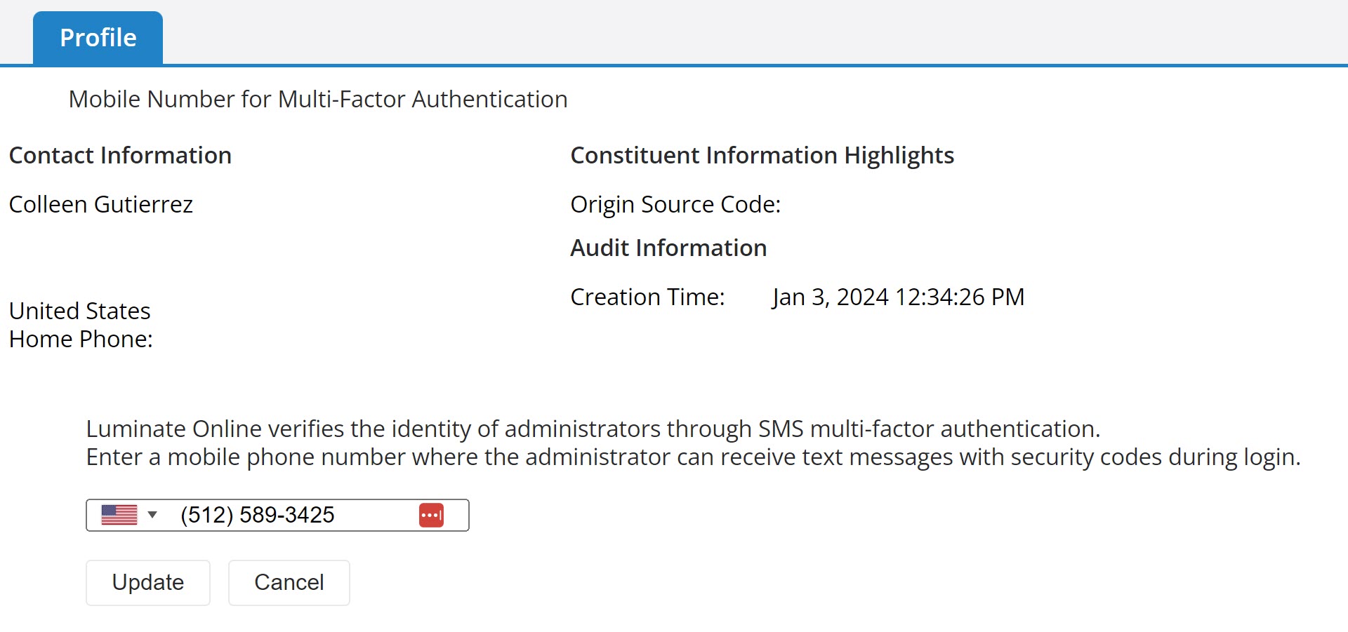 Screen shows an admin record with a field to change the SMS phone number
