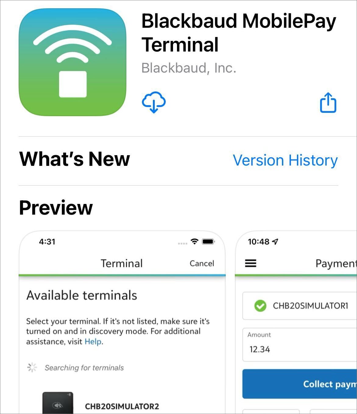 The app store listing for Blackbaud MobilePay Terminal which contains a list of what's new and screenshots from the app.