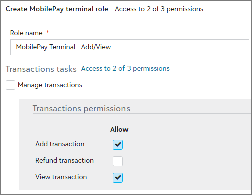 Transaction permissions settings with options to allow the ability to add, refund, and view transactions.