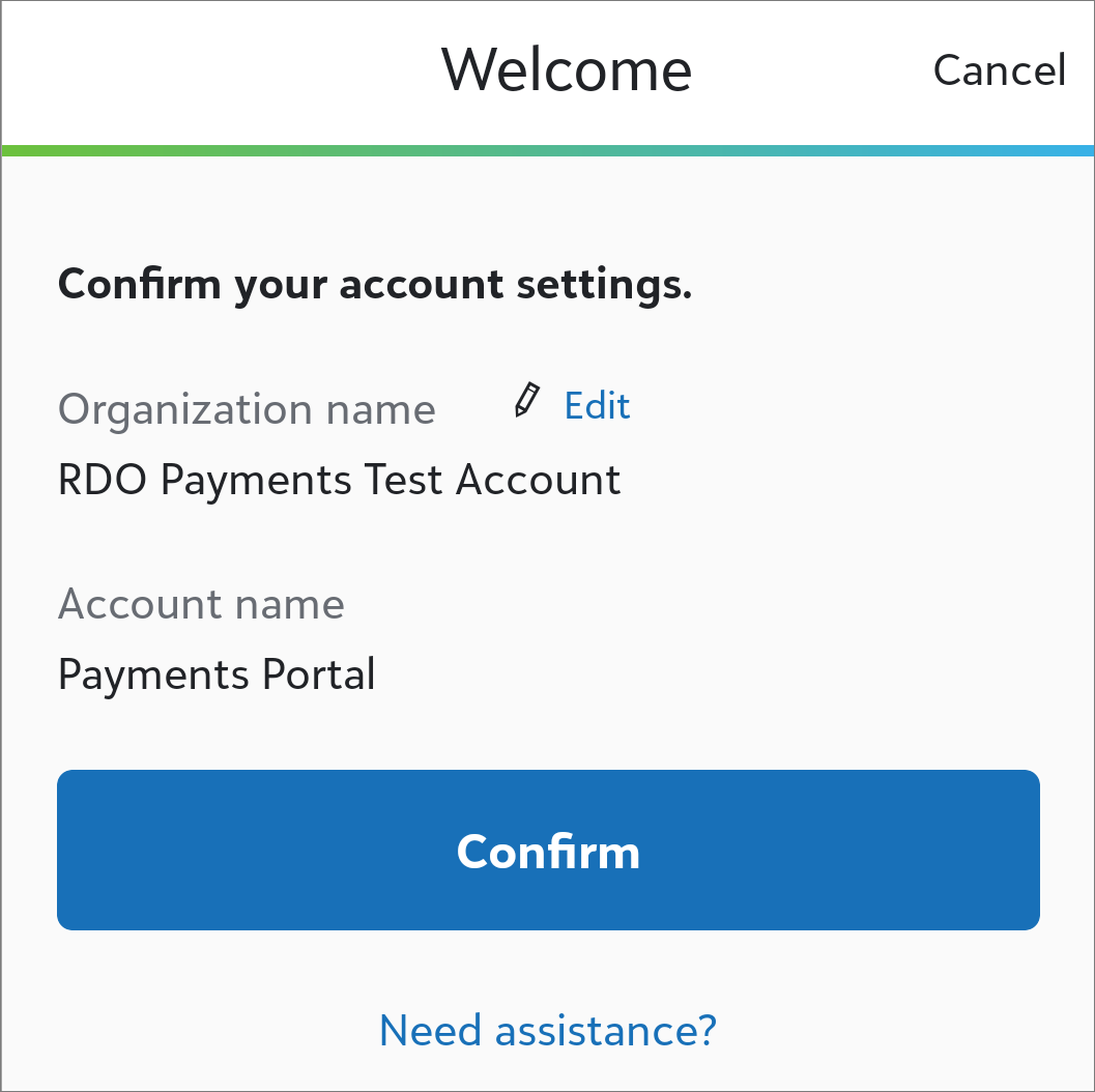 The MobilePay Terminal welcome screen asking you to confirm your organization and merchant account.